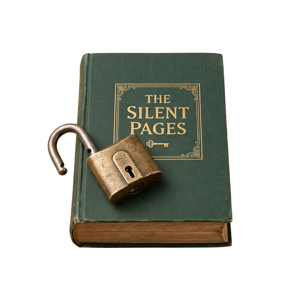 An old green book titled The Silent Pages secured with a brass padlock and key.