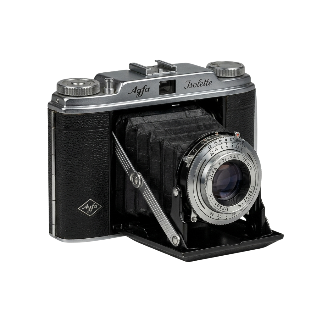 Vintage folding camera with a metal body, black leatherette, and a large lens labeled Solinar 75mm