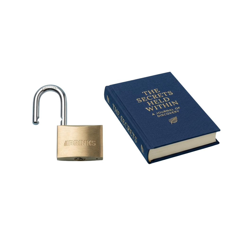 A brass padlock with a key and a blue book titled The Secrets Held Within A Journal of Discovery
