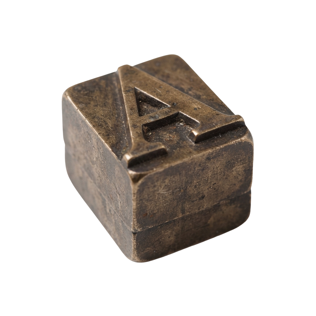 A close-up of a worn metal letterpress block with the letter A carved into it