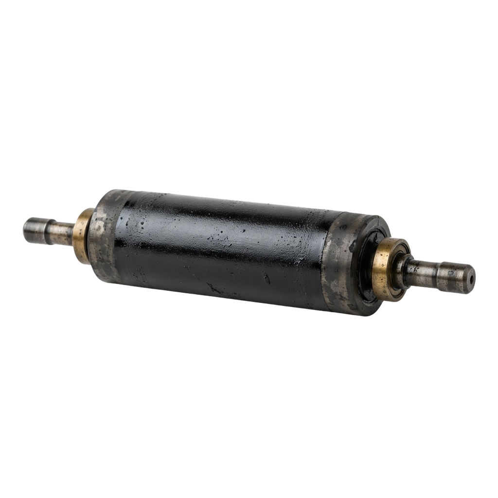 A cylindrical shock absorber with signs of wear and metal components exposed at both ends.