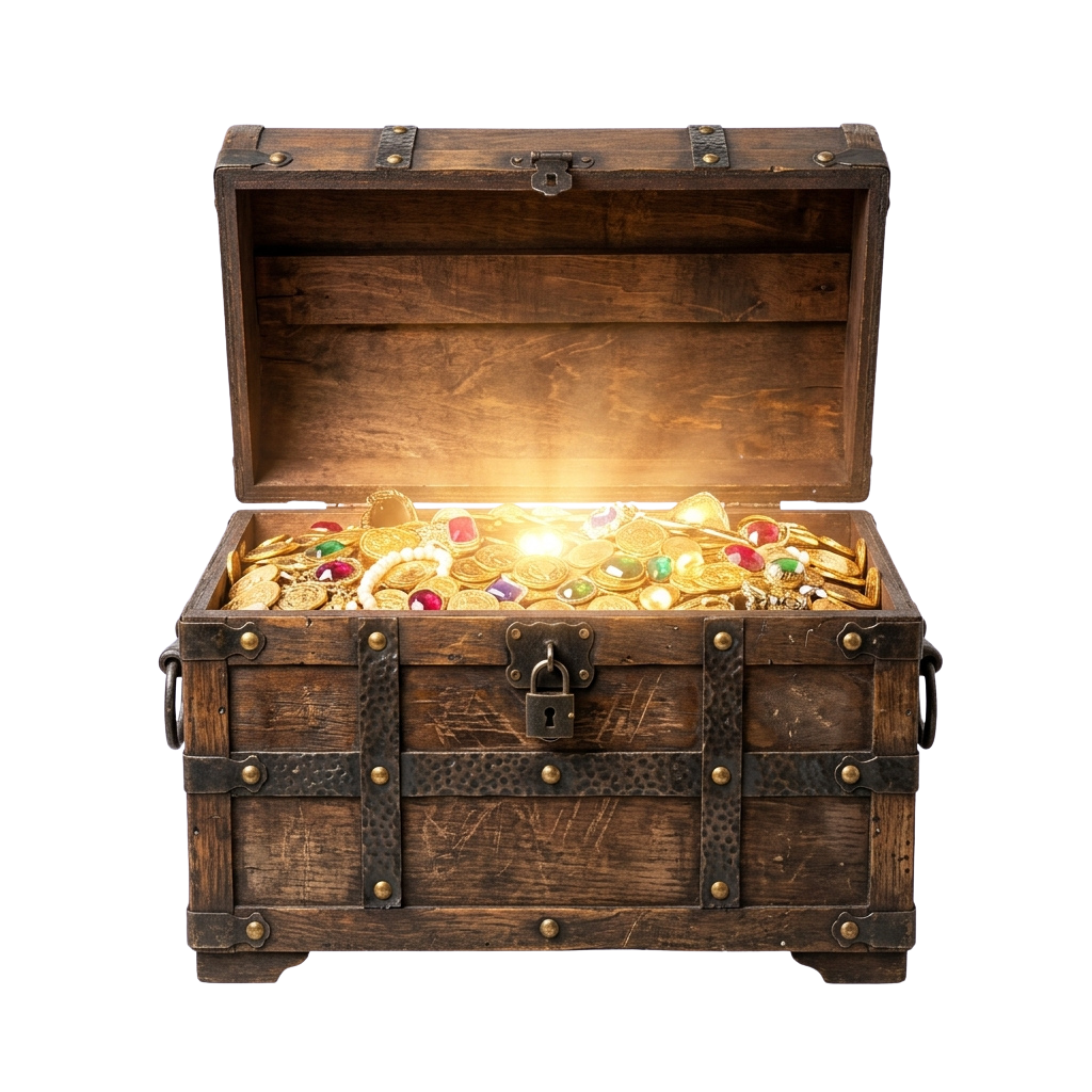 An open wooden treasure chest filled with gold coins and colorful gemstones, illuminated from within