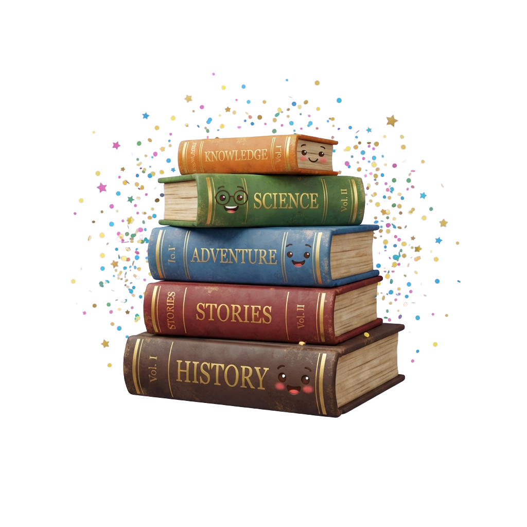 Five colorful cartoon books stacked with faces, labeled Knowledge, Science, Adventure, Stories, and History, surrounded by confetti.