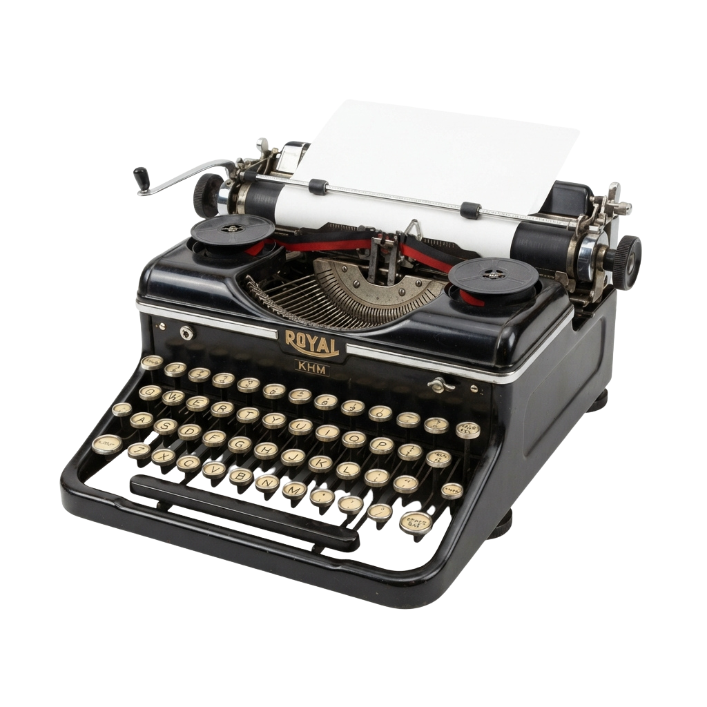 Black vintage typewriter with white keys and a paper roll, positioned on a black background