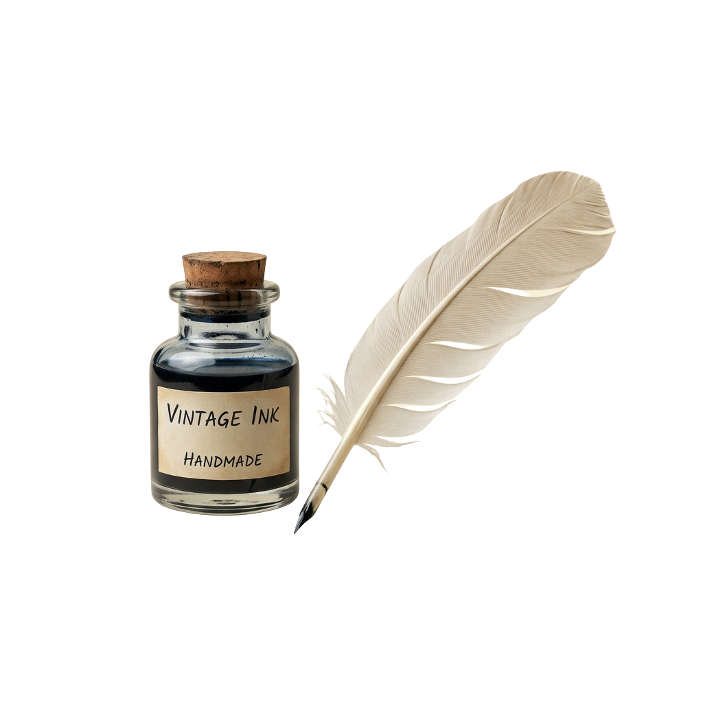 A small glass bottle labeled vintage ink with a cork stopper and a white feather beside it