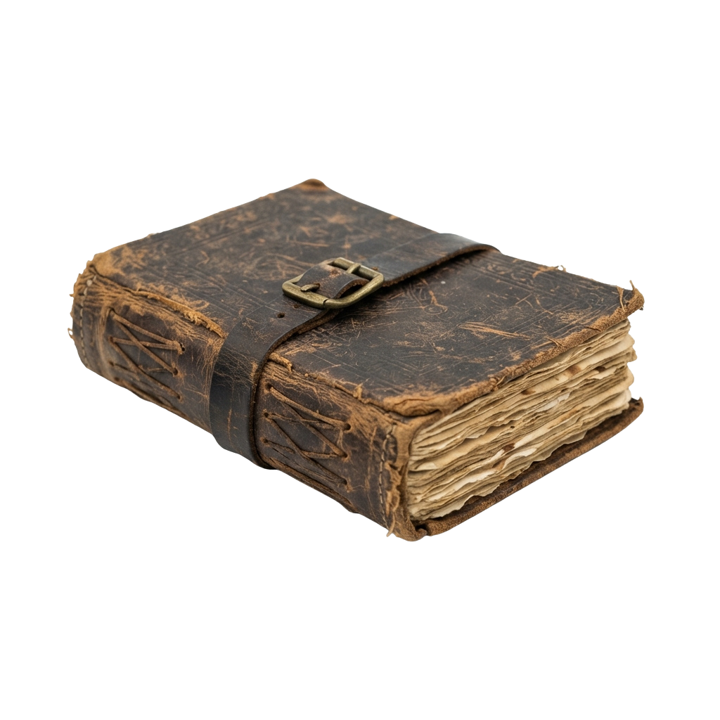 Old leather-bound book with a metal clasp, showing signs of aging and wear