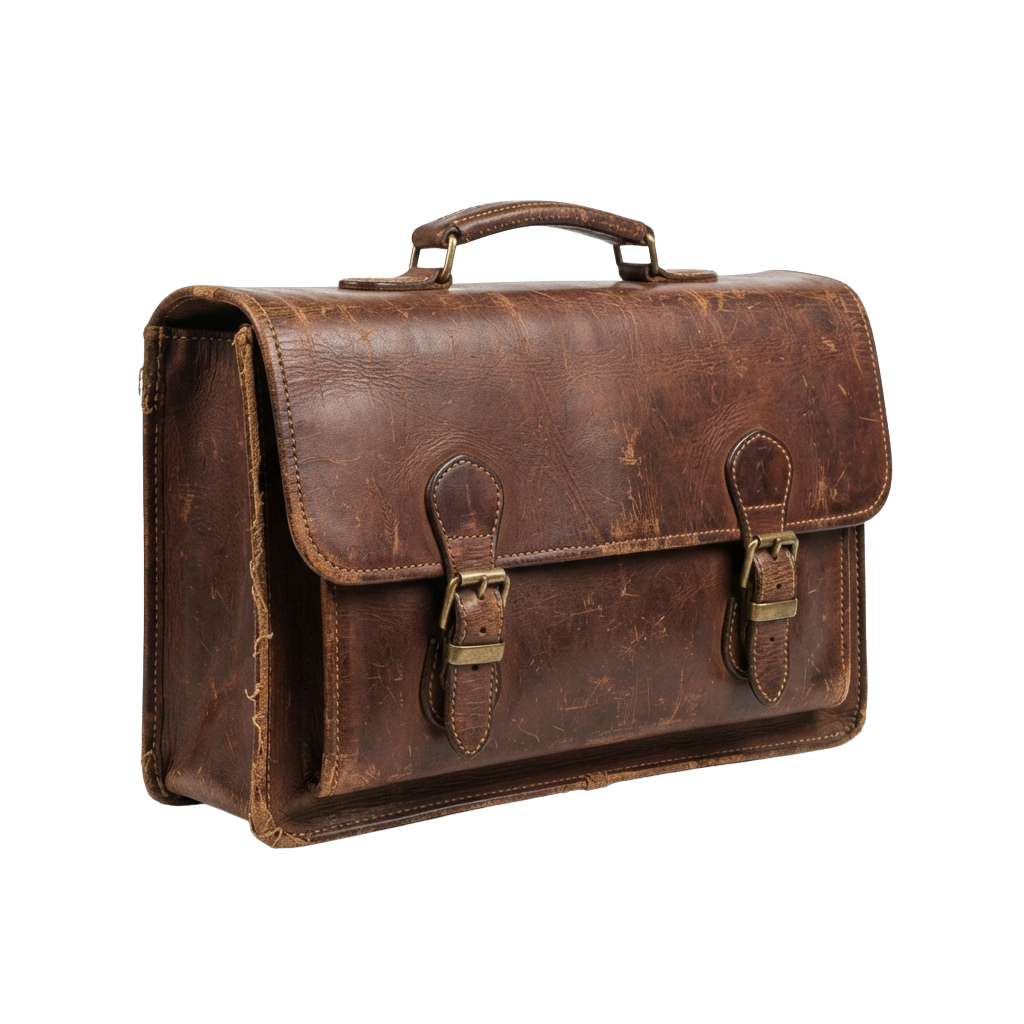 A worn brown leather briefcase featuring two buckles and a top handle, displayed against a dark background