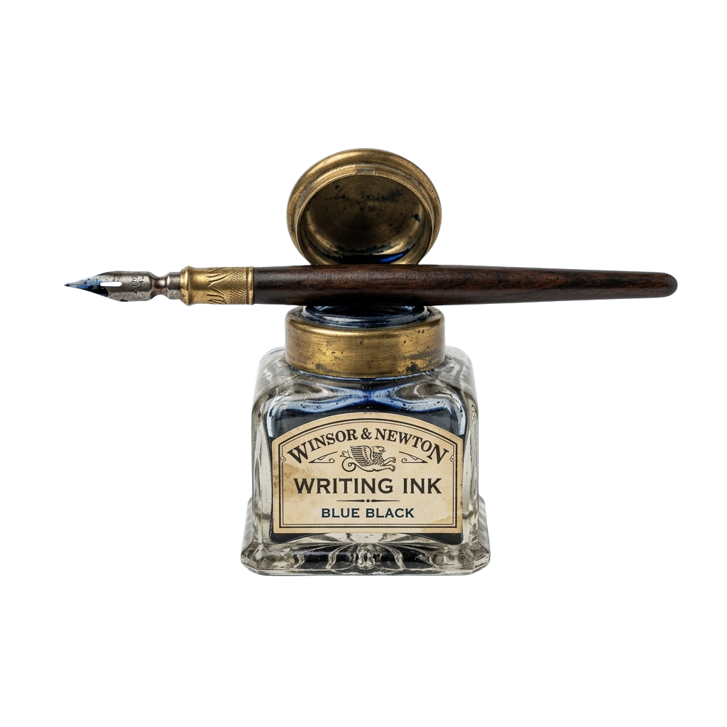 A vintage-style fountain pen resting on a glass ink bottle labeled writing ink blue black