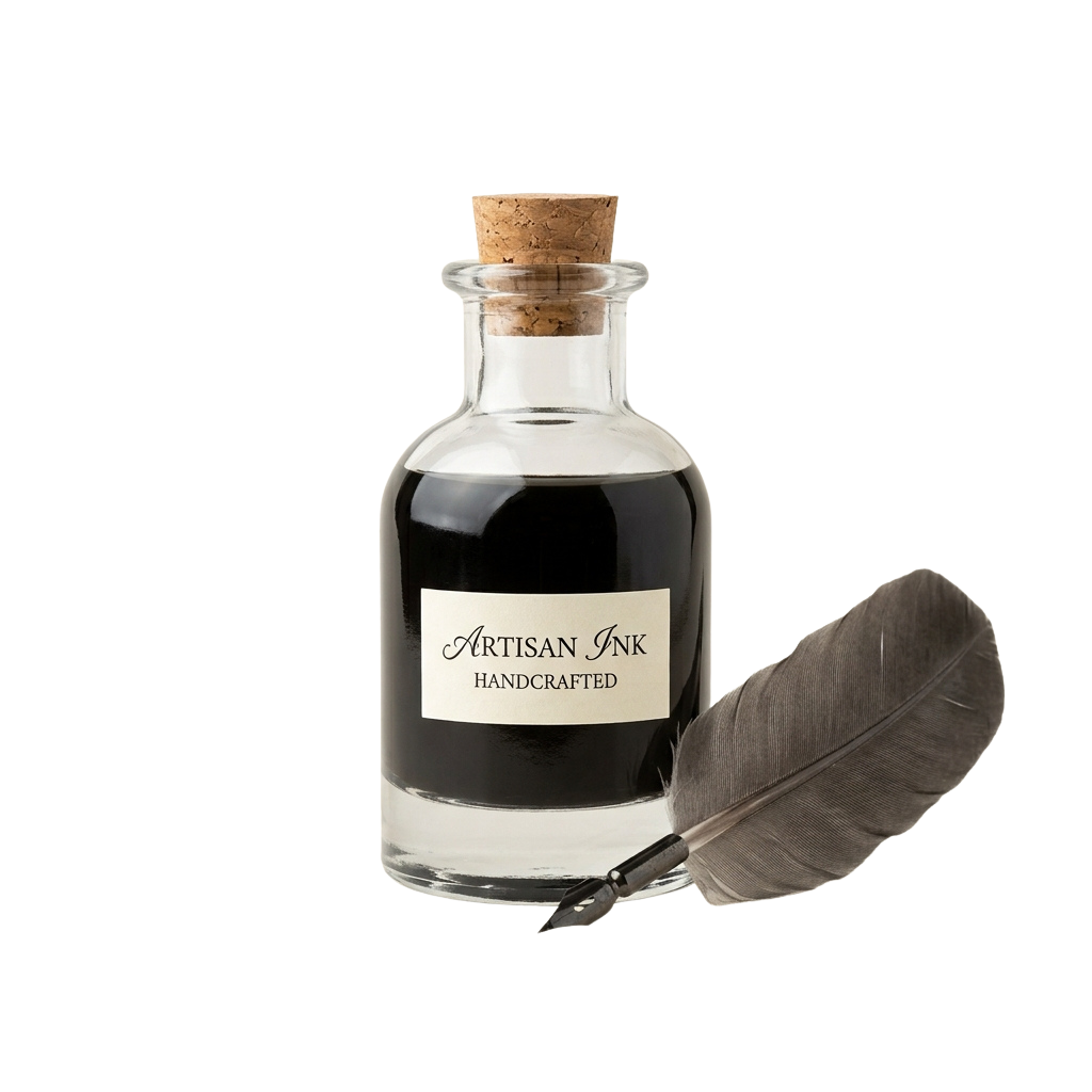 Glass bottle of dark ink with a cork stopper and a feather next to it