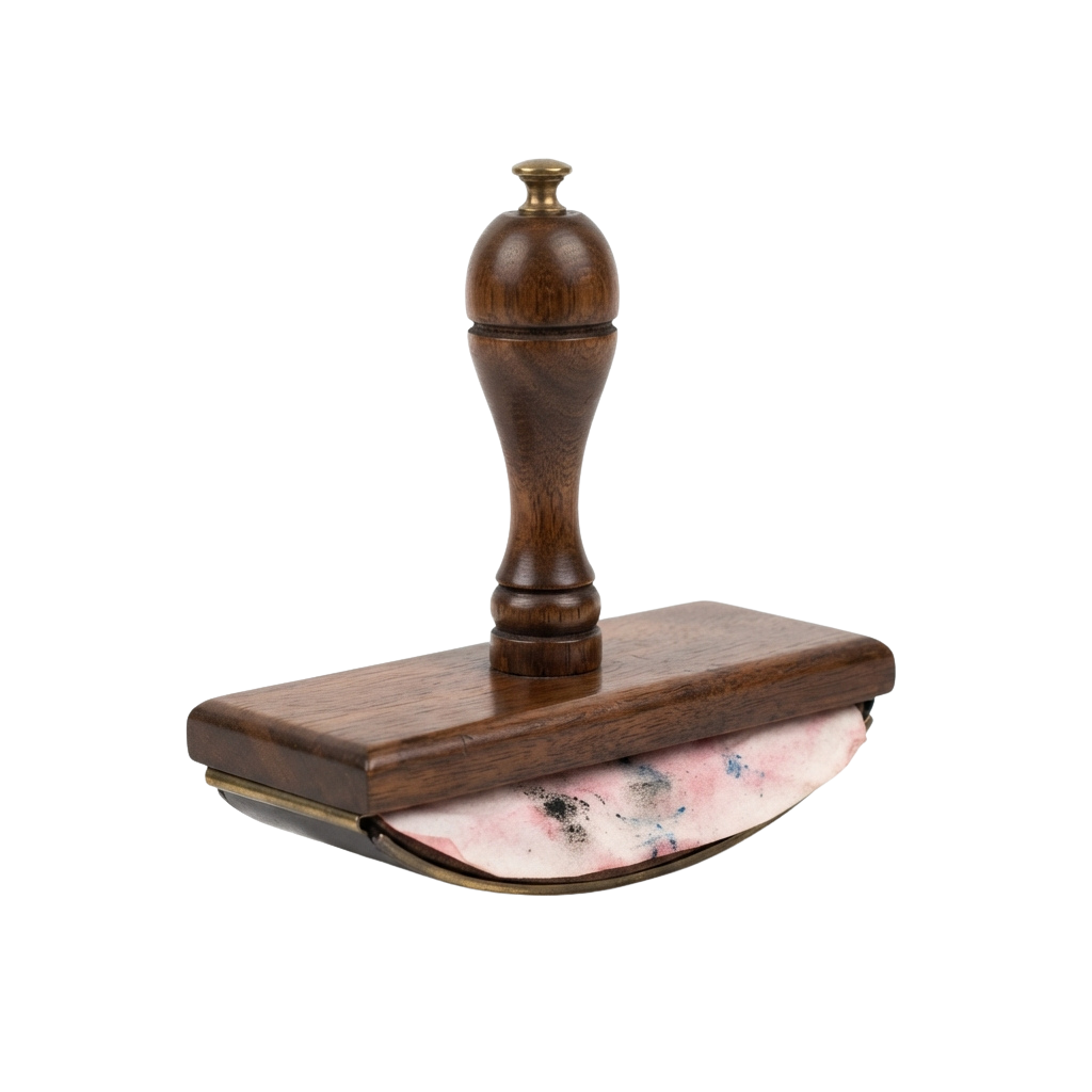 A wooden letter opener with a marble base resting on a wooden block.