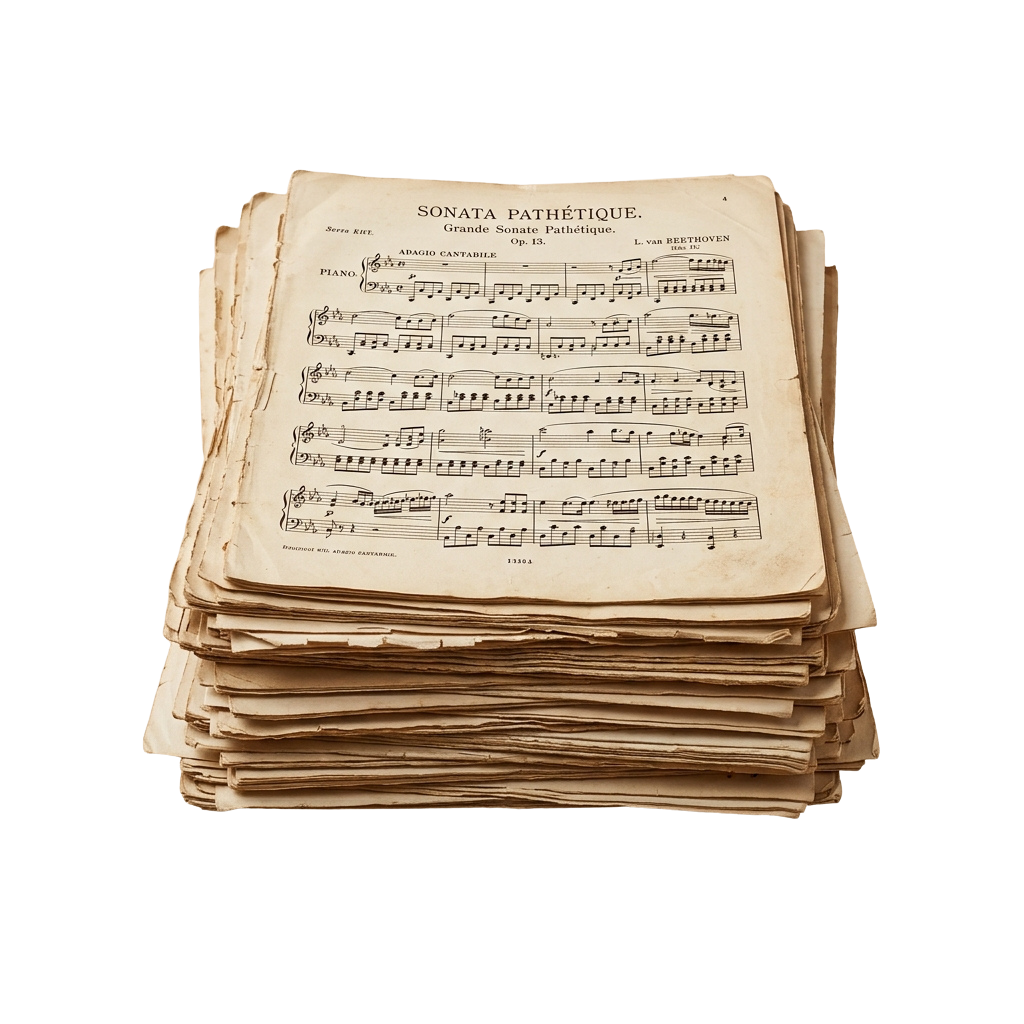 Stack of aged sheet music for Beethoven’s Sonata Pathétique piano composition