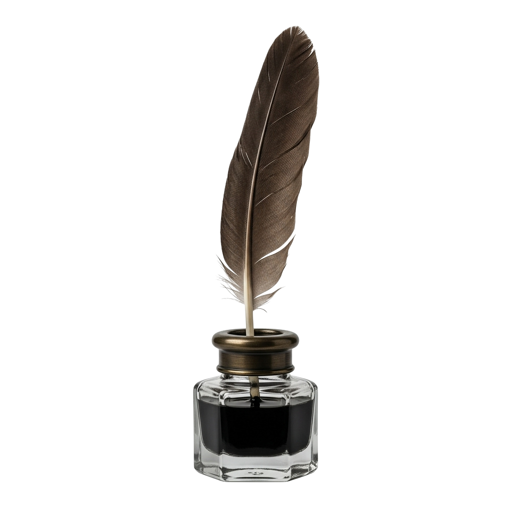 A feather quill pen resting in a clear glass inkwell with a metallic cap.