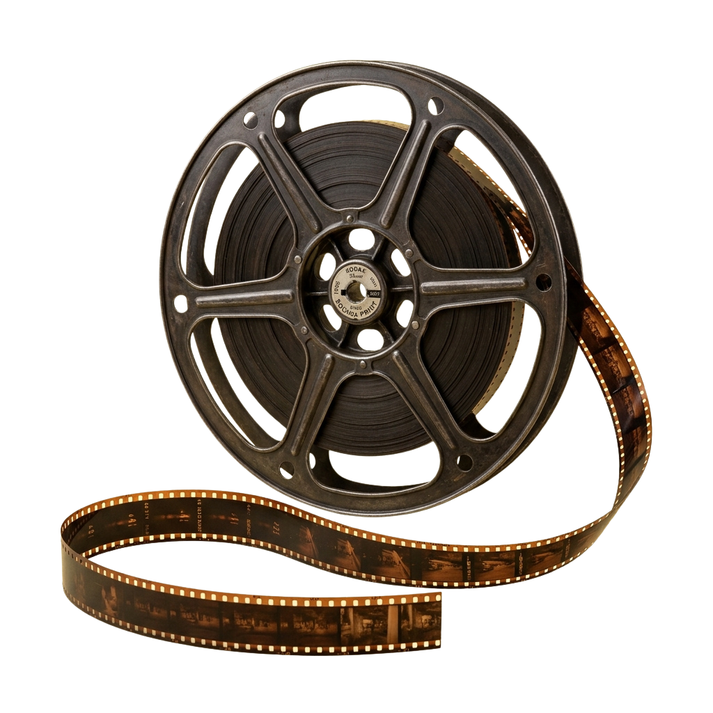 A vintage metal film reel with a strip of old movie film partially unspooled.