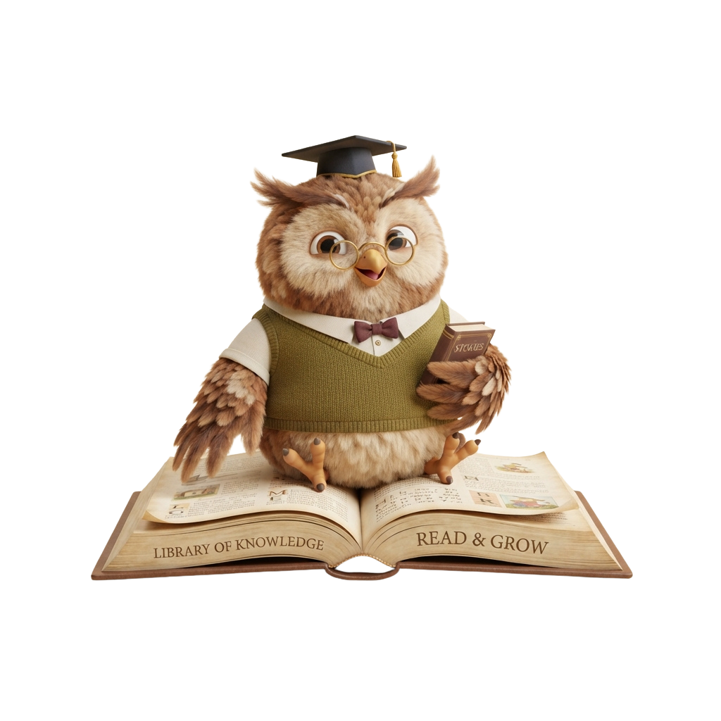 An animated owl dressed as a scholar with glasses, a bow tie, and graduation cap holding a book titled Stewies