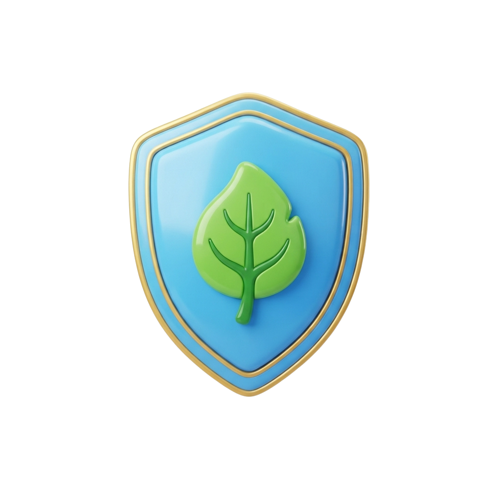 A shield-shaped badge with a blue background and a green leaf emblem in the center, outlined in gold.