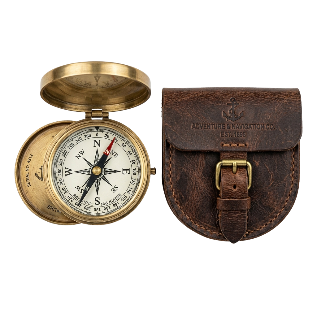 A vintage brass compass with a leather case featuring an anchor emblem and textured brown leather strap