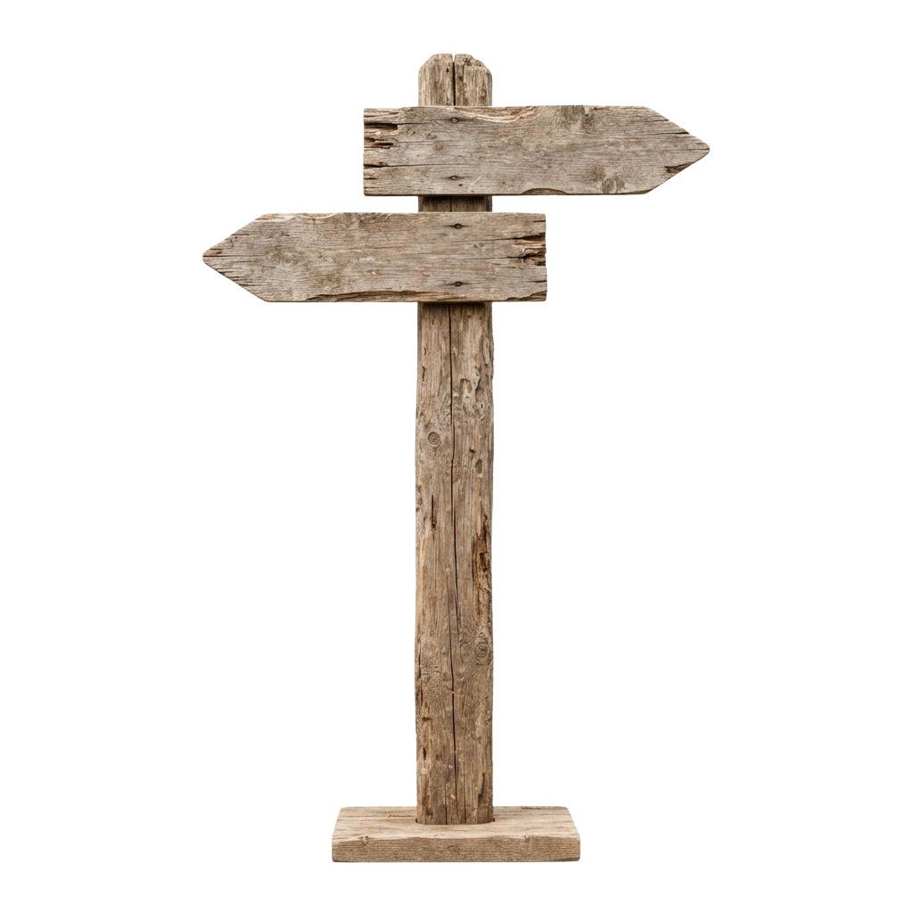 A wooden signpost with two arrows pointing in different directions on a black background
