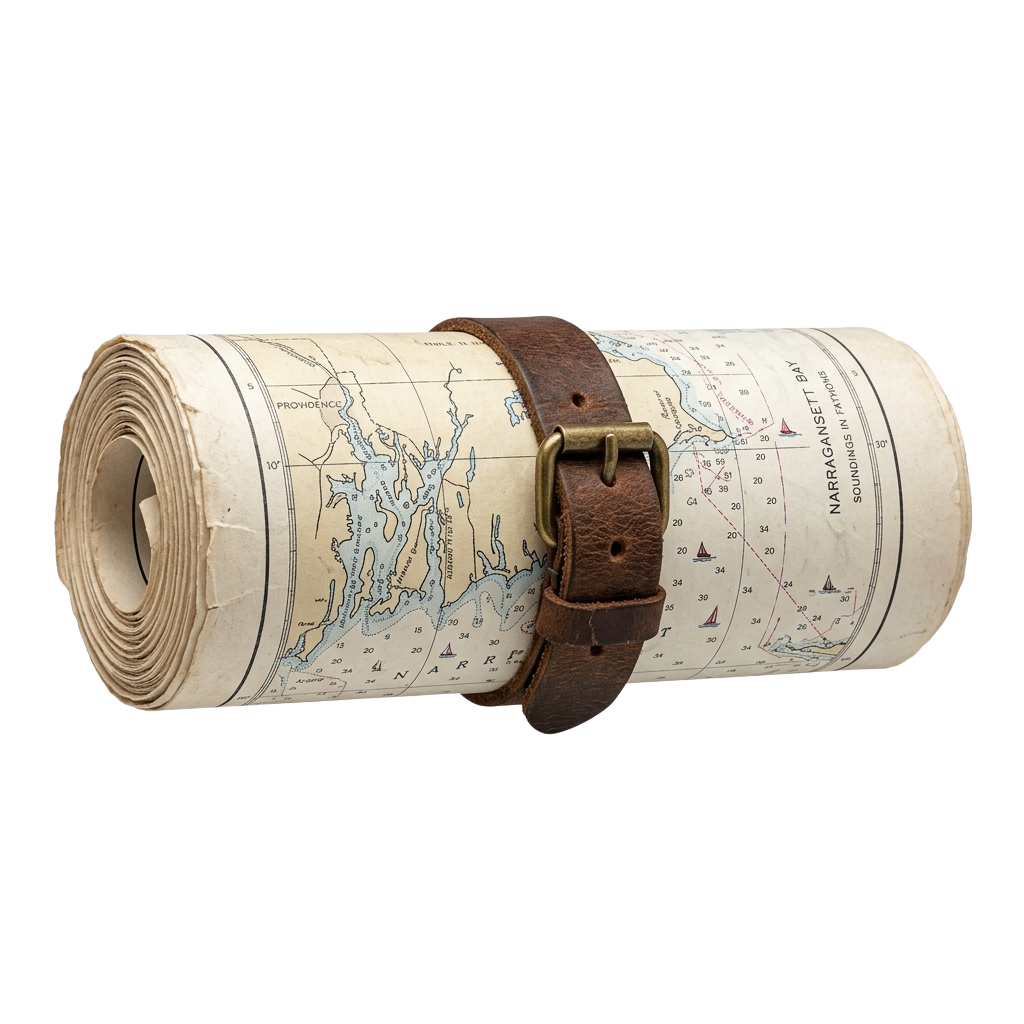 A rolled vintage nautical chart secured with a brown leather belt strap.