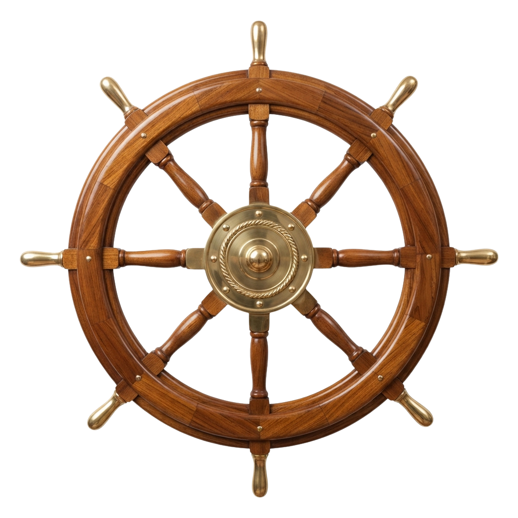 A large wooden ship wheel with brass fittings and spokes against a dark background