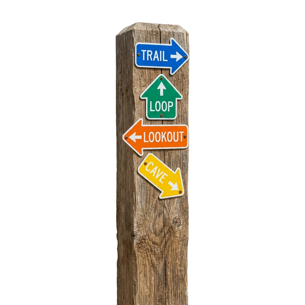 Wooden post with four directional signs pointing to trail, loop, lookout, and cave
