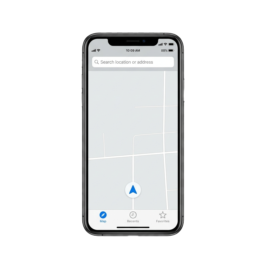 Smartphone displaying a map app with a search bar and location pin on the screen