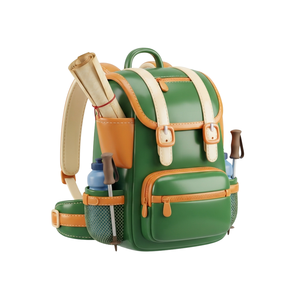 A green backpack with orange and white accents, featuring a water bottle holder and adjustable straps.
