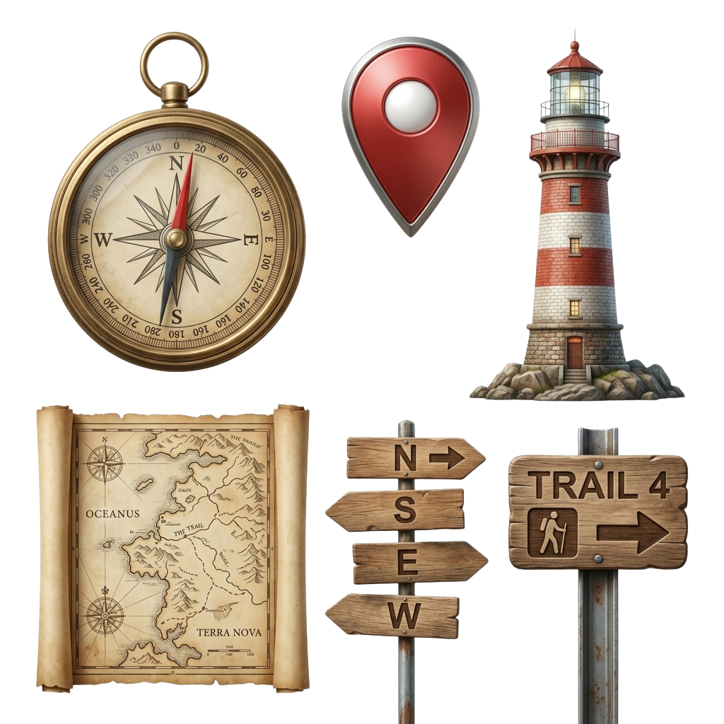 Vintage compass, map, lighthouse, location pin, directional signs, and trail marker icons