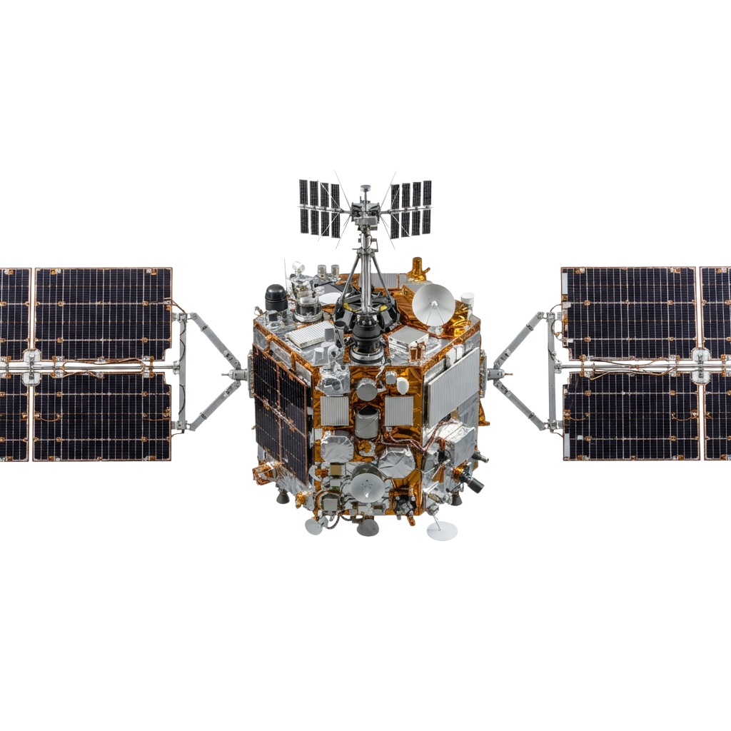 Spacecraft featuring solar panels and multiple scientific instruments in orbit
