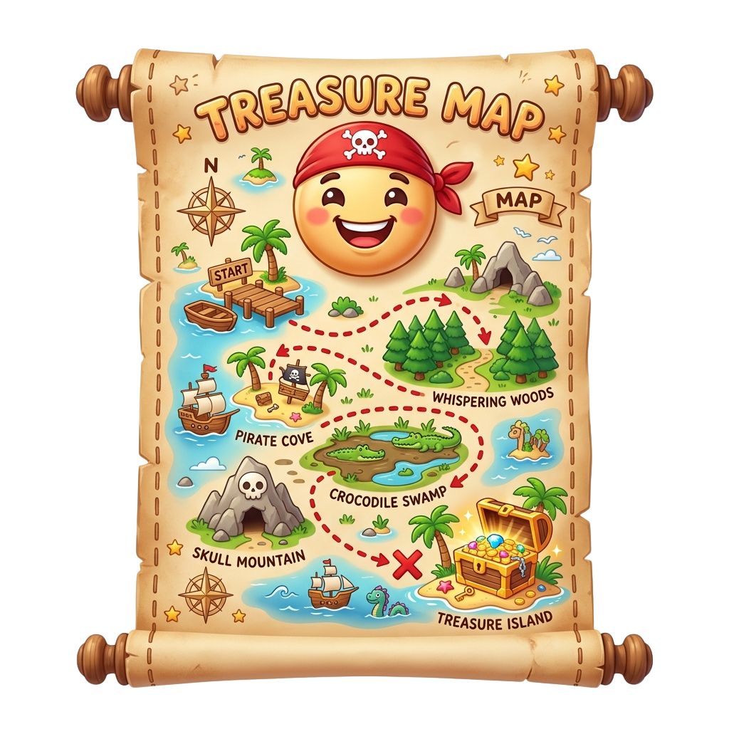 Colorful pirate treasure map with landmarks like Pirate Cove, Crocodile Swamp, and Treasure Island