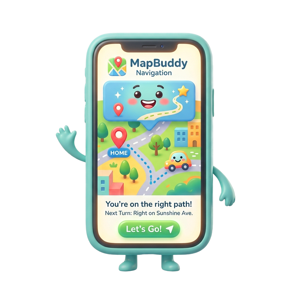 A cheerful animated phone displaying a navigation app with a smiling character and route instructions.