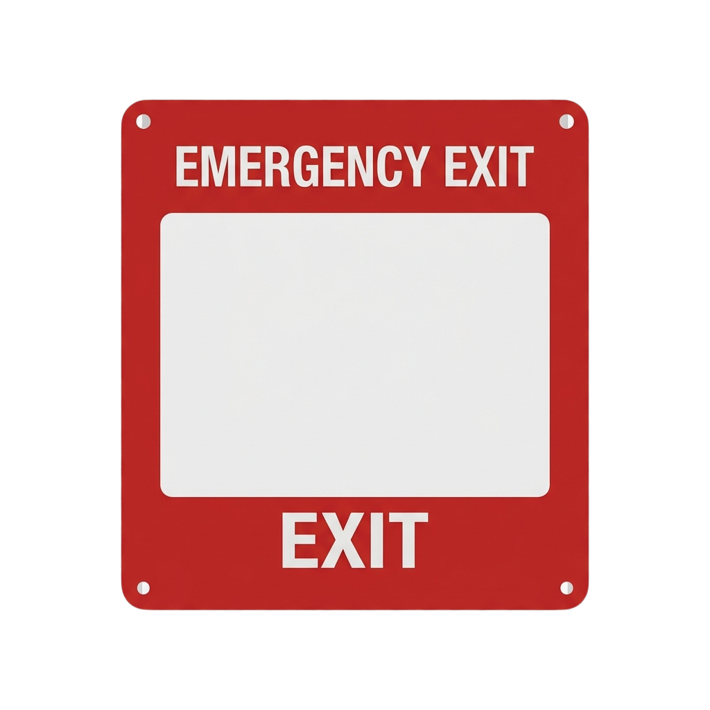 Red emergency exit sign featuring the words Emergency Exit and Exit with a white exit symbol in the center