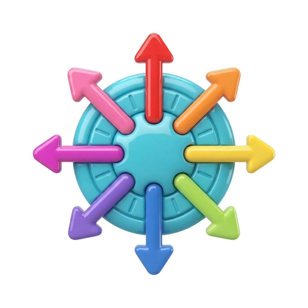 A circular wheel with eight brightly colored directional arrows pointing in all eight primary compass directions