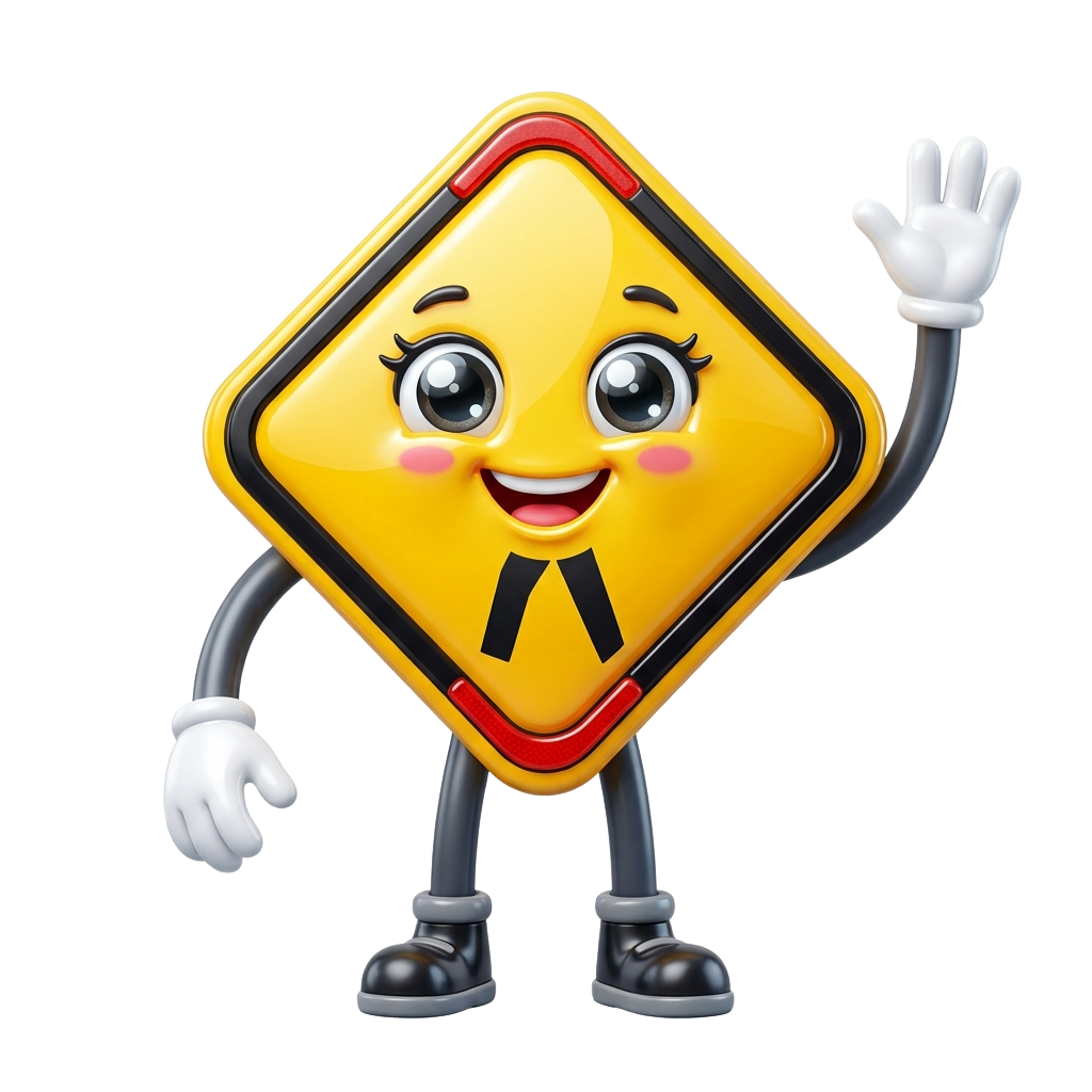A cheerful yellow diamond-shaped character waving with a smile and tie