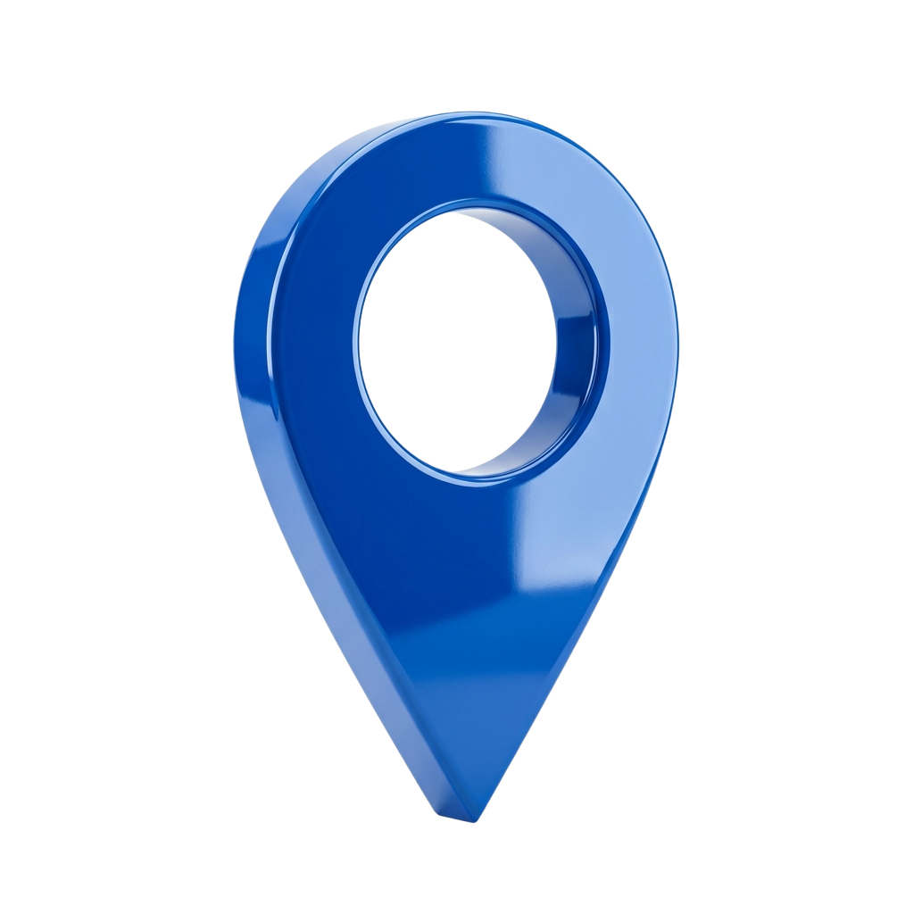 A shiny blue 3D pin icon with a circular hole at the top