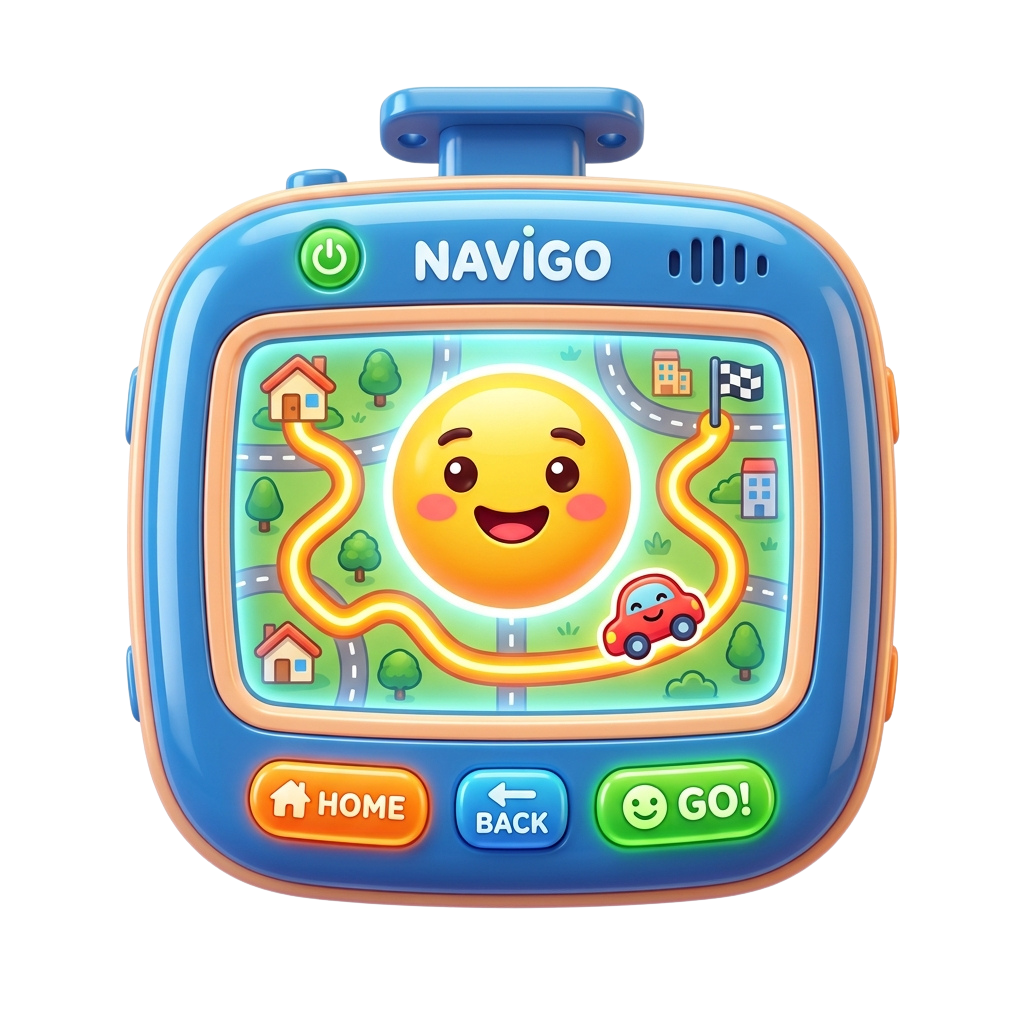 Colorful toy navigation device featuring a smiling emoji face, roads, and directional buttons labeled Home, Back, and Go