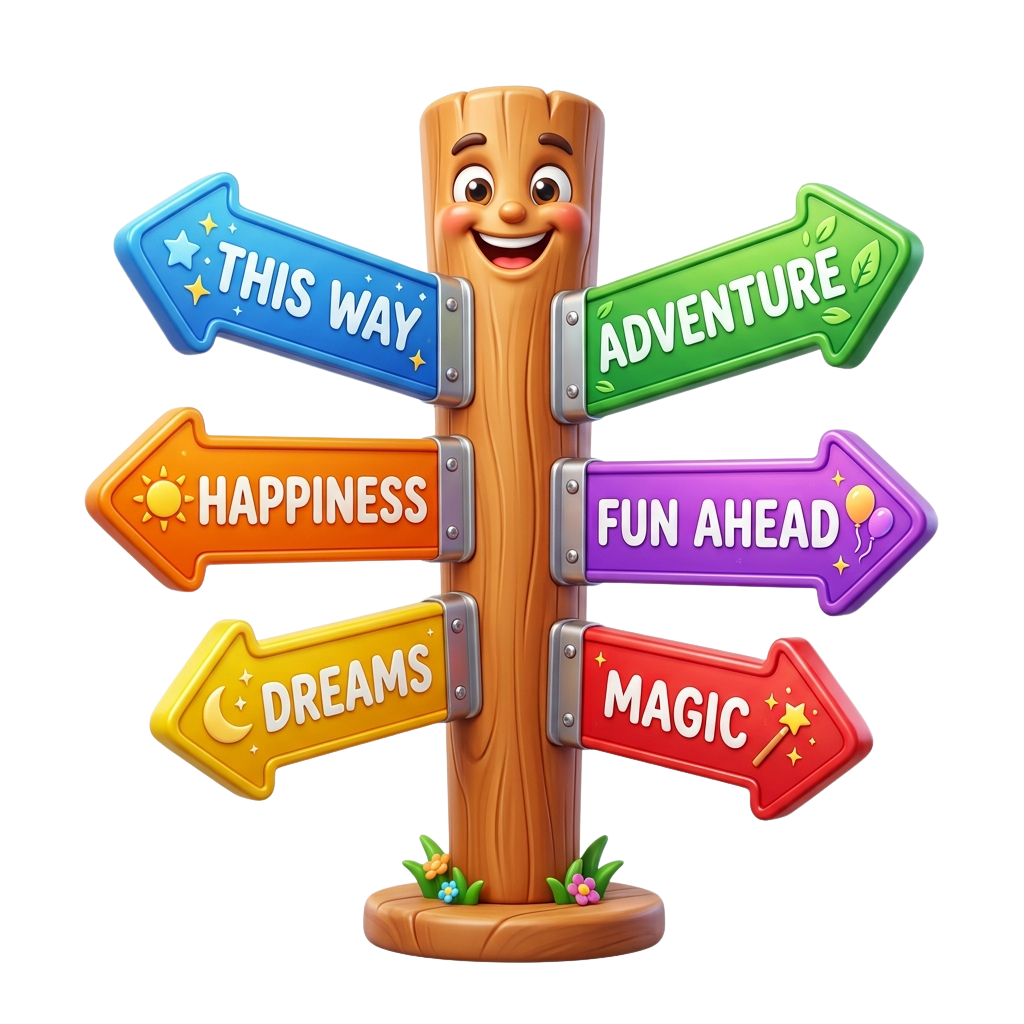 A smiling wooden signpost with six colorful directional signs pointing to happiness, adventure, fun, dreams, magic, and this way