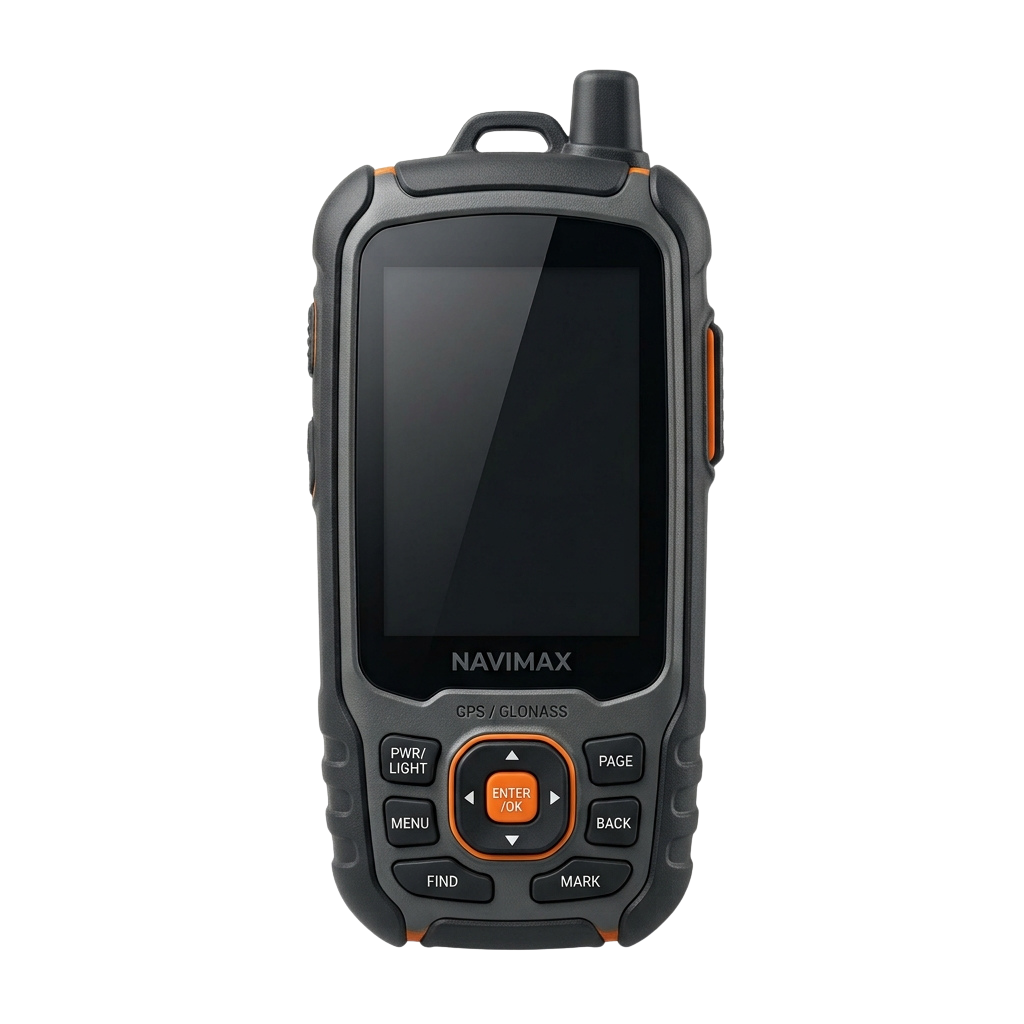 Handheld GPS device with physical buttons and a screen displaying the brand name NAVIMAX