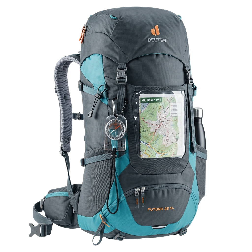 Gray and blue hiking backpack featuring a clear map pocket and attached compass holder