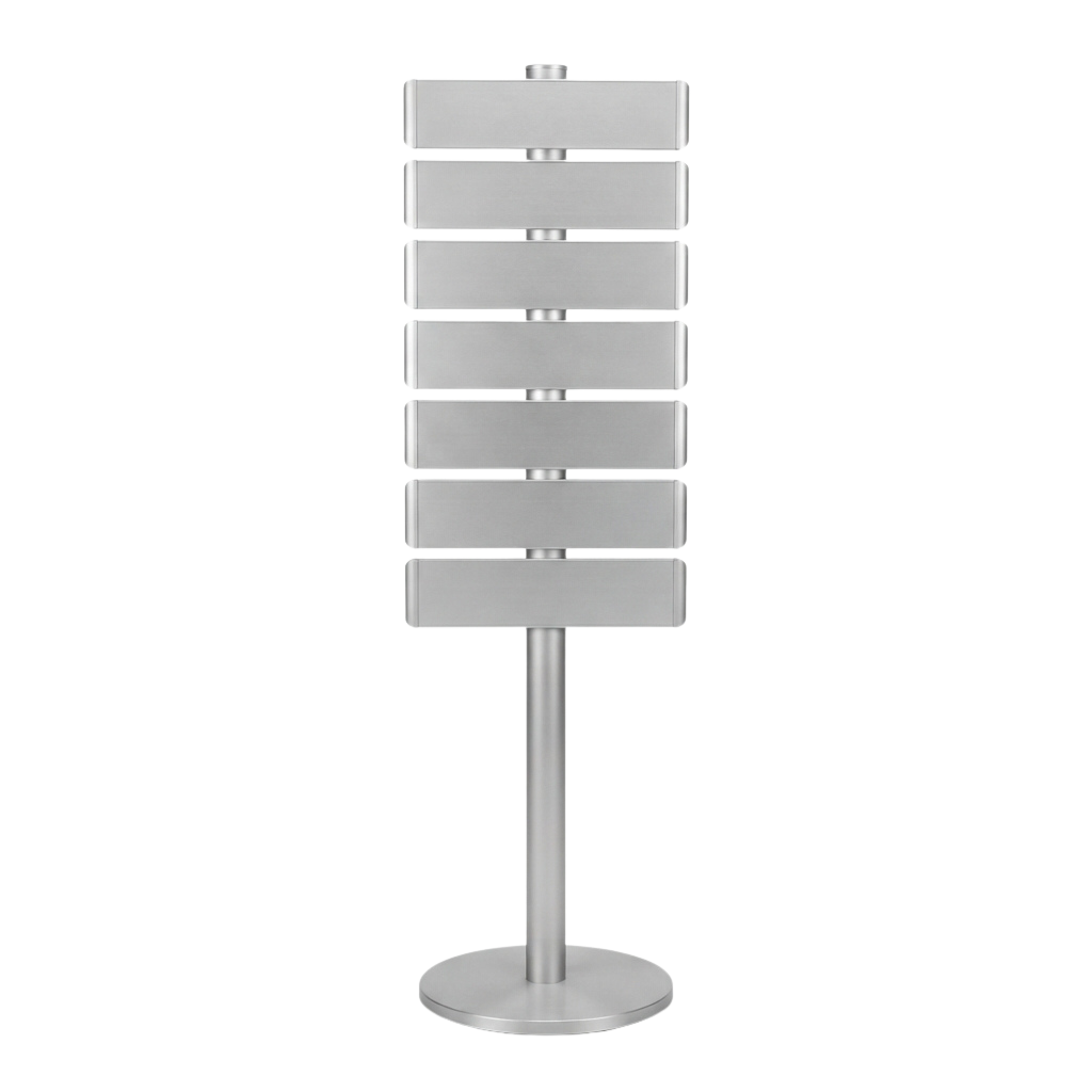 A sleek, modern floor lamp with stacked rectangular shelves and a metallic base.