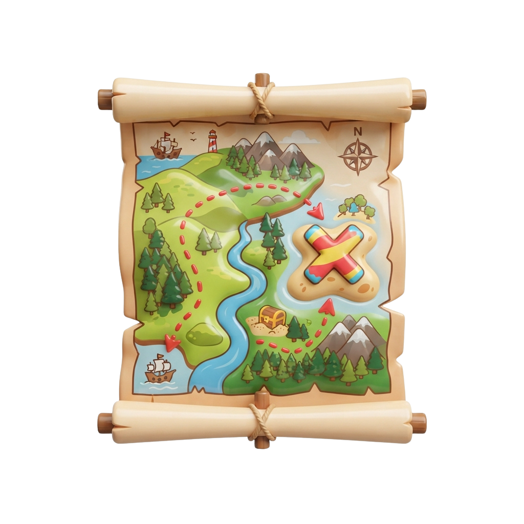 Illustrated fantasy map scroll showing an island with forests, mountains, rivers, and marked paths to a treasure marked with an X