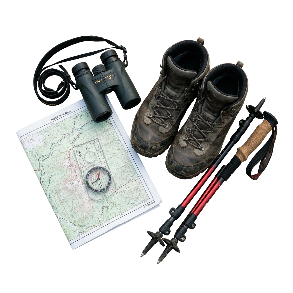 Hiking equipment including binoculars, map with compass, hiking boots, and trekking poles on a dark background