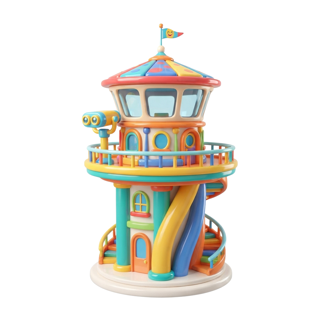 A vibrant toy tower featuring a spiral slide, observation deck, and whimsical architectural details