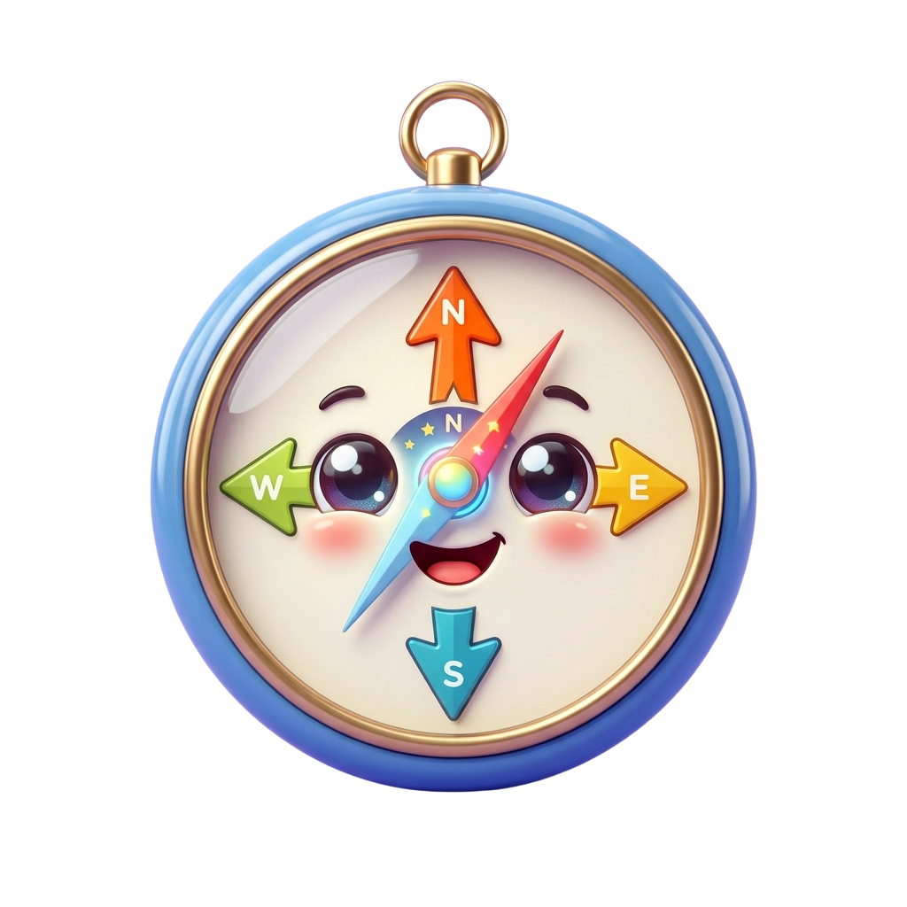 A cheerful cartoon compass with a smiling face and directional arrows pointing north, east, south, and west