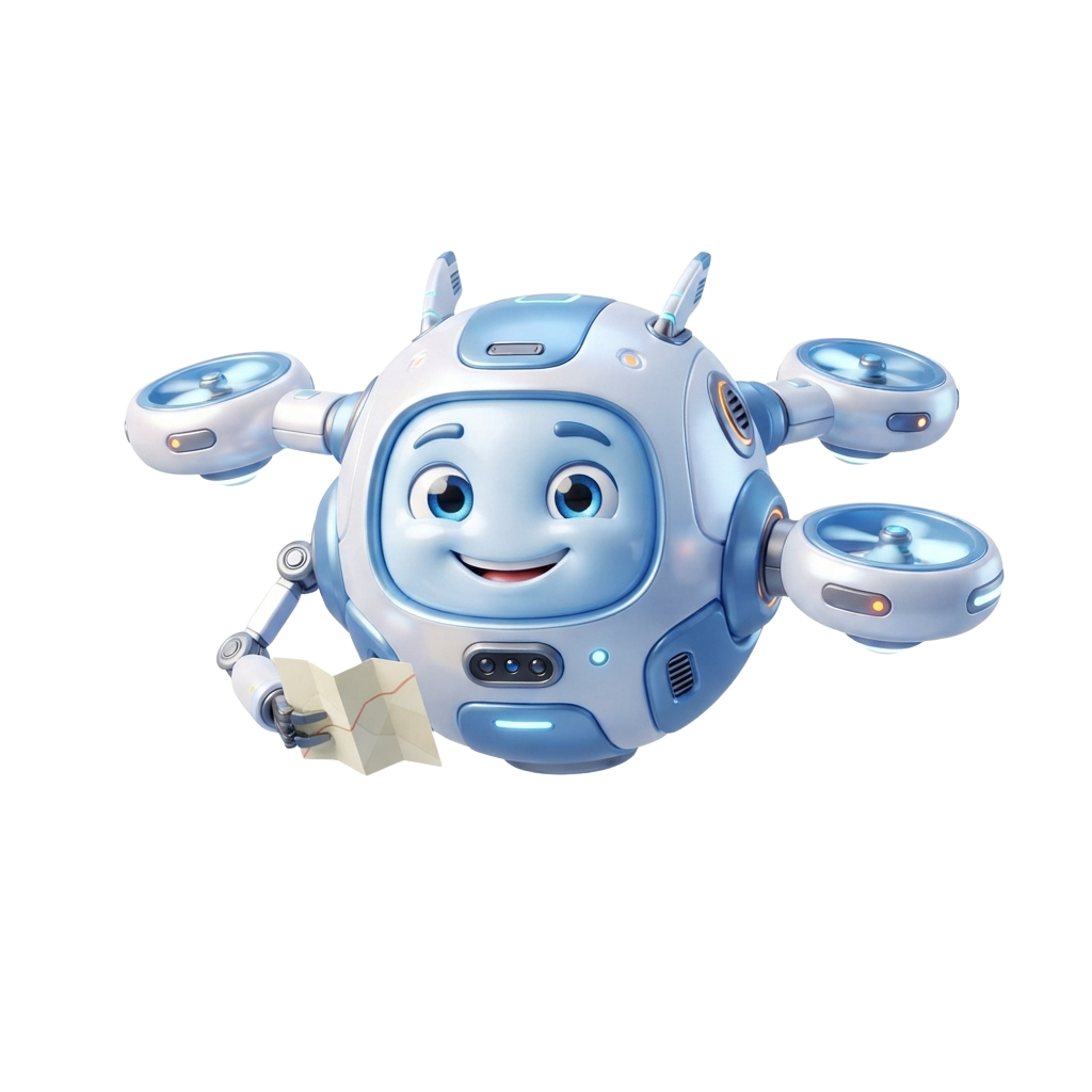 A smiling robot with drone wings holding a small package.