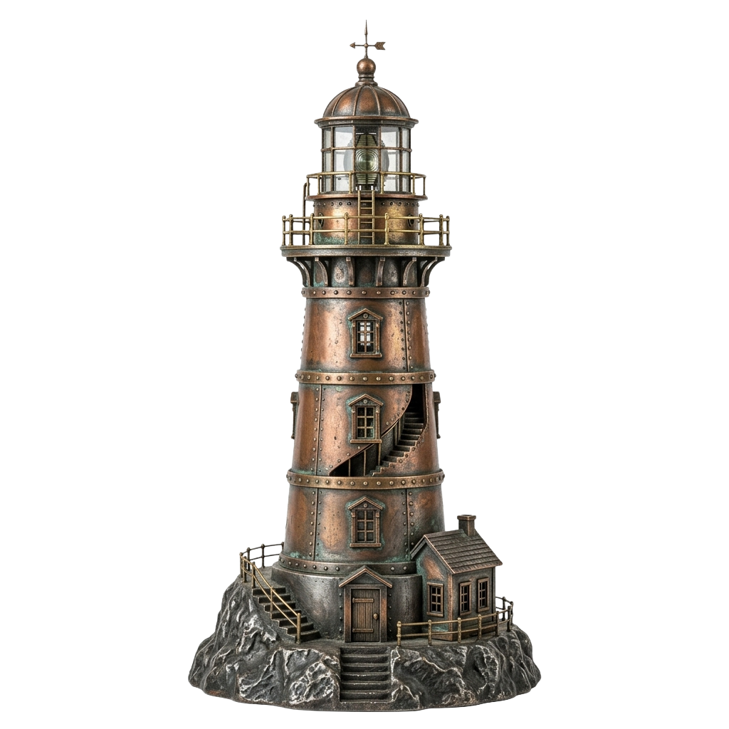 A detailed miniature lighthouse with a spiral staircase and a small house at the base on rocky terrain