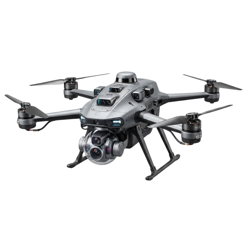 A professional quadcopter drone with four propellers and a mounted camera gimbal underneath.