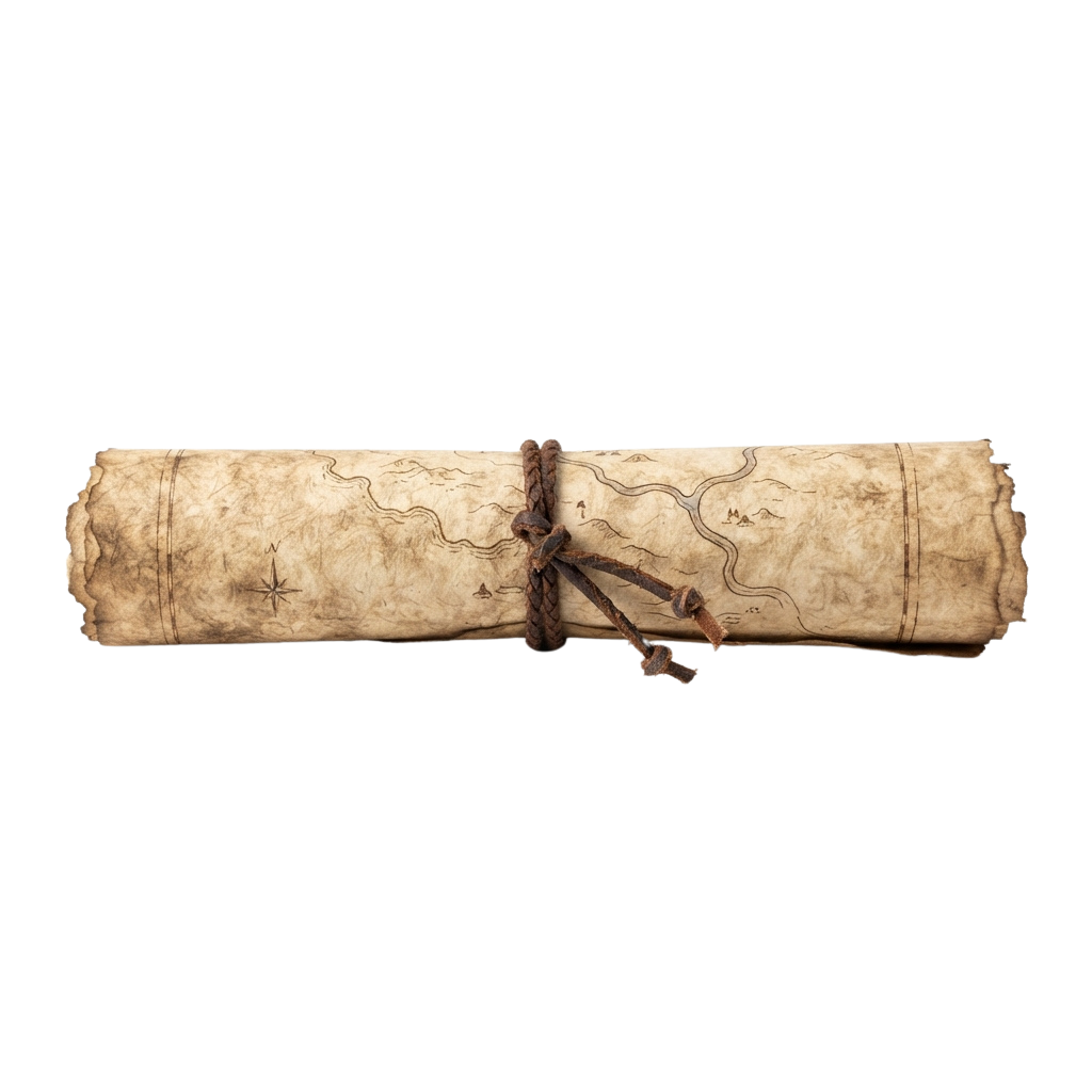 Aged parchment map scroll tied with brown string against a dark background