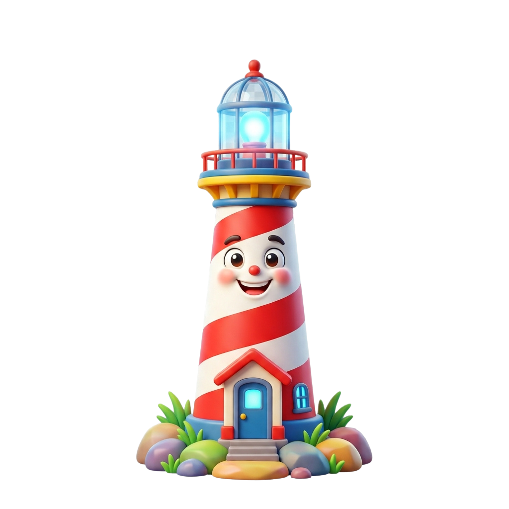 A cheerful cartoon lighthouse with a smiling face, red and white stripes, and a small house base with a blue door and windows.