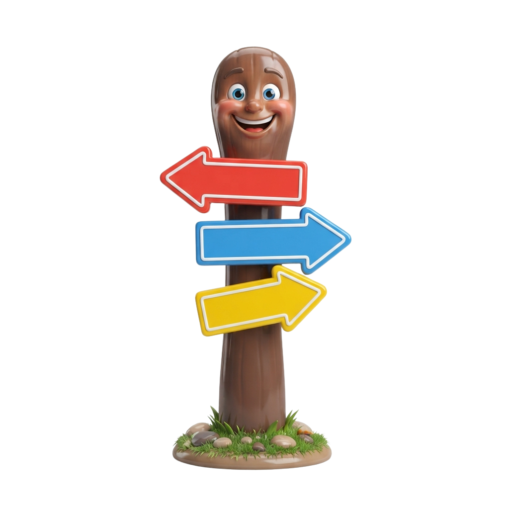 A smiling character on a post with three colorful directional arrows pointing left, forward, and right