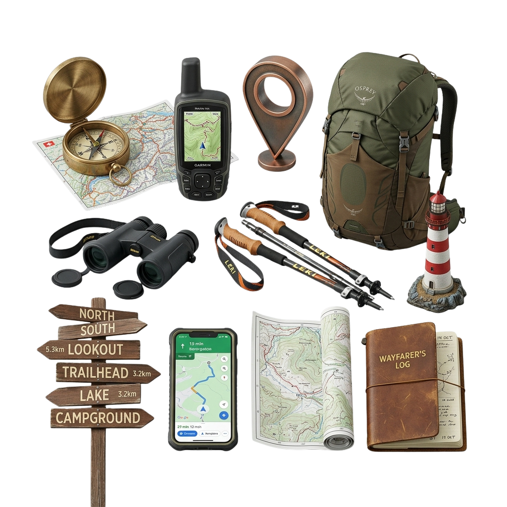 Collection of hiking gear including compass, GPS device, binoculars, hiking poles, backpack, map, trail sign, smartphone, and journal